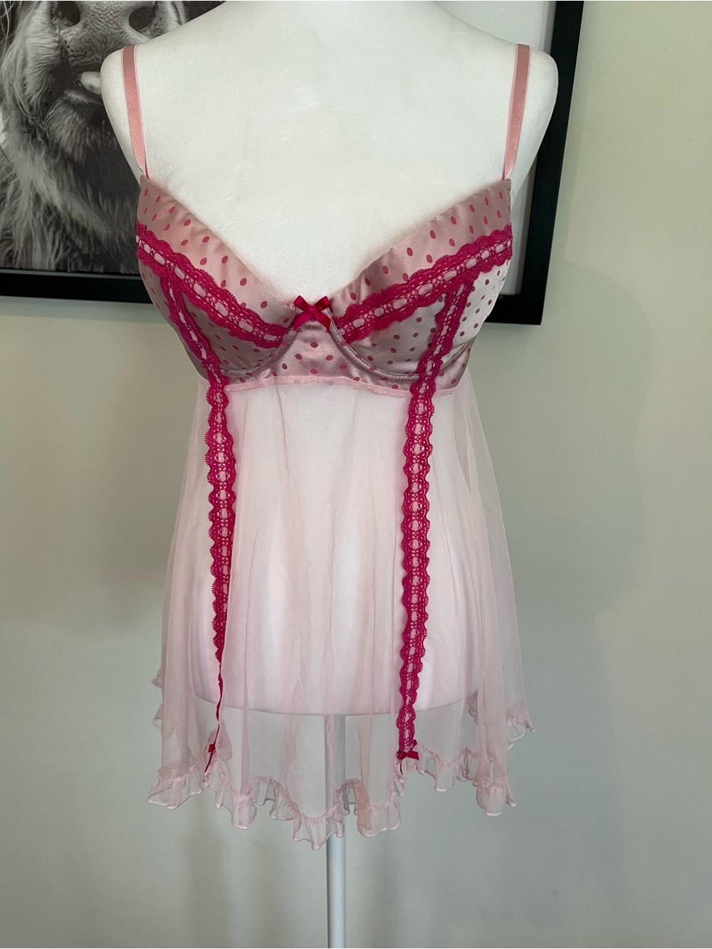Shirley of Hollywood Pale Pink Babydoll Chemise with Fuchsia Trim